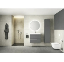 Modernes, helles Badezimmer mit anthrazitfarbenem Waschtischunterschrank, rundem beleuchtetem Spiegel, Hochschrank, Wand-Toilette und begehbarer Dusche.