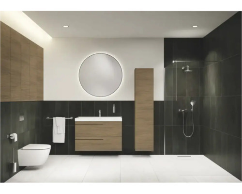 Modernes Badezimmer mit Holz-Waschtisch, rundem beleuchtetem Spiegel, wandhängender Toilette und ebenerdiger Dusche mit dunklen Fliesen.