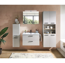 Ensemble de meubles de salle de bains moderne composé d un meuble sous-vasque, d une armoire de toilette et de deux colonnes. Détails en bois.