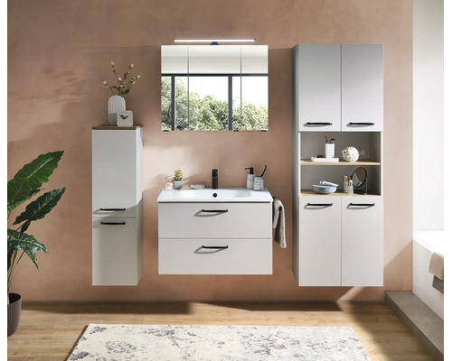 Ensemble de meubles de salle de bains moderne composé d un meuble sous-vasque, d une armoire de toilette et de deux colonnes. Détails en bois.
