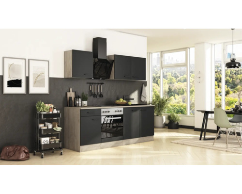 Cuisine moderne en noir mat avec corps aspect bois, comprenant un four encastrable, une hotte aspirante et une paroi arrière noire.