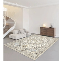 Großer Teppich mit orientalischem Muster in einem hellen Wohnzimmer mit modernem Sofa, Holzkommode und Wendeltreppe.