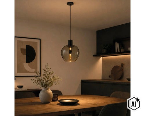 Suspension moderne avec abat-jour rond en verre fumé au-dessus d'une table à manger en bois dans une salle à manger. (Image AI modified or generated)