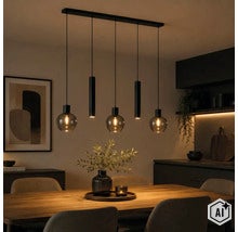 Suspension noire à cinq lampes au-dessus d'une table à manger en bois dans une salle à manger moderne avec un éclairage chaleureux. (Image AI modified or generated)