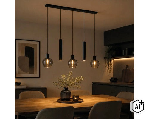 Suspension noire à cinq lampes au-dessus d'une table à manger en bois dans une salle à manger moderne avec un éclairage chaleureux. (Image AI modified or generated)