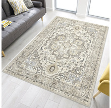 Rechteckiger Teppich mit orientalischem Muster im Vintage-Stil in einem hellen Wohnzimmer mit Sofa und hellem Boden.