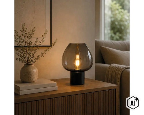 Lampe de table moderne avec un abat-jour rond en verre et une ampoule à filament allumée sur une commode en bois à côté d'un vase. (Image AI modified or generated)
