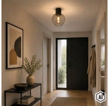 Plafonnier rond en verre fumé dans un couloir moderne avec éclairage chaleureux. (Image AI modified or generated)
