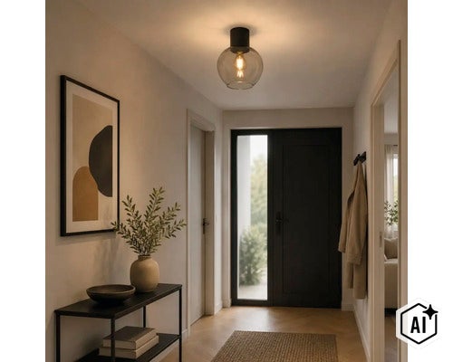 Plafonnier rond en verre fumé dans un couloir moderne avec éclairage chaleureux. (Image AI modified or generated)