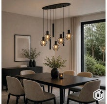 Suspension à plusieurs globes en verre au-dessus d'une table à manger avec six chaises rembourrées dans une salle à manger moderne. (Image AI modified or generated)