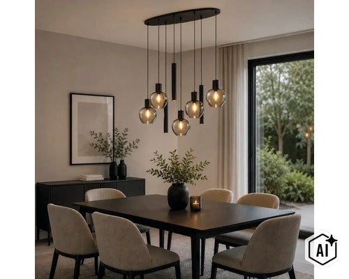Suspension à plusieurs globes en verre au-dessus d'une table à manger avec six chaises rembourrées dans une salle à manger moderne. (Image AI modified or generated)