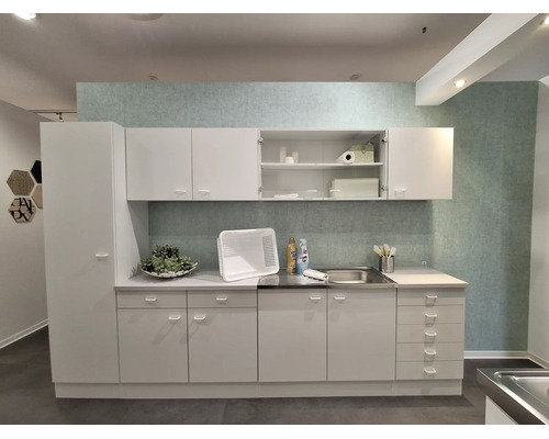 Moderne weiße Küchenzeile im minimalistischen Stil mit Hochschrank, Wandschränken, Edelstahlspüle und Unterschränken.