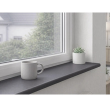 Tablette de fenêtre intérieure anthracite installée sous une fenêtre blanche, décorée avec une tasse et une petite plante grasse.