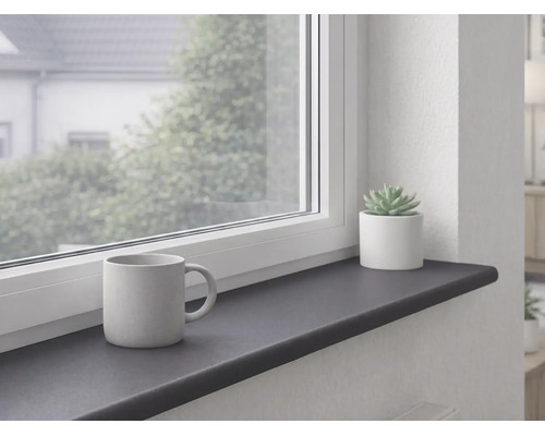 Tablette de fenêtre intérieure anthracite installée sous une fenêtre blanche, décorée avec une tasse et une petite plante grasse.