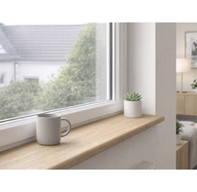 Tablette de fenêtre claire aspect bois dans un intérieur moderne avec une tasse et une petite plante devant une fenêtre.