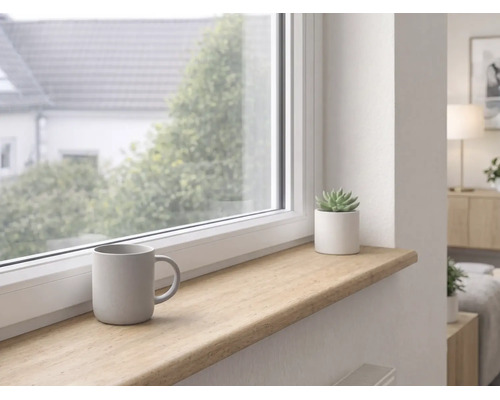 Tablette de fenêtre claire aspect bois dans un intérieur moderne avec une tasse et une petite plante devant une fenêtre.