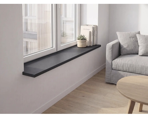 Rebord de fenêtre noir dans un salon moderne et lumineux avec canapé, parquet, livres et plante sur le rebord.