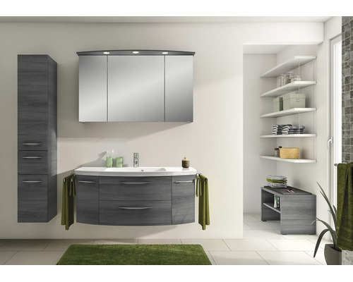 Ensemble de salle de bain moderne, décor bois foncé, avec meuble sous-vasque, lavabo céramique, armoire de toilette éclairée et colonne.