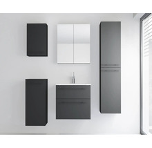 Modernes Badezimmermöbel-Set in Anthrazit mit Waschtisch, Spiegelschrank, Hochschrank und Beistellschränken.