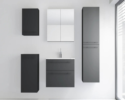 Modernes Badezimmermöbel-Set in Anthrazit mit Waschtisch, Spiegelschrank, Hochschrank und Beistellschränken.