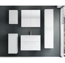 Fünfteiliges Badezimmermöbel-Set bestehend aus Waschtisch, Spiegelschrank, Hochschrank und zwei Seitenschränken für die Wandmontage.