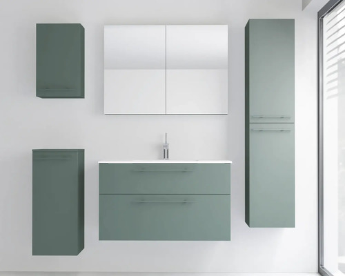 Modernes wandhängendes Badezimmermöbel-Set in Salbeigrün mit Waschtisch, Spiegelschrank, Hochschrank und Beistellschränken.