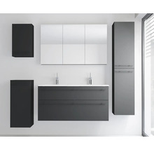 Modernes Badezimmermöbel-Set in Anthrazit mit Doppelwaschtisch, Spiegelschrank, Hochschrank und Wandschränken.