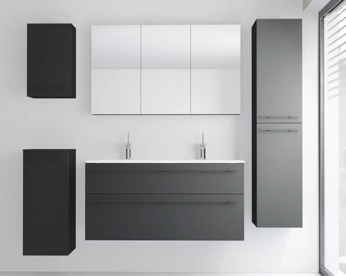 Modernes Badezimmermöbel-Set in Anthrazit mit Doppelwaschtisch, Spiegelschrank, Hochschrank und Wandschränken.