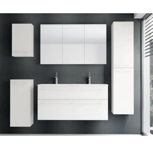 Modernes Badezimmermöbel-Set mit Doppelwaschtisch-Unterschrank, dreitürigem Spiegelschrank, Hochschrank und zwei Hängeschränken.