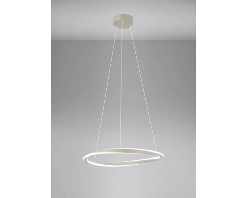 Suspension LED en forme d'anneau, style moderne avec câbles de suspension minimalistes.