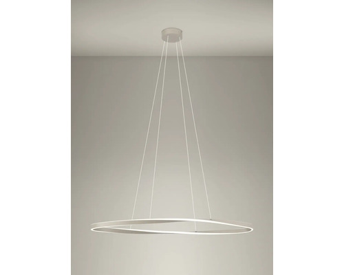 Suspension LED moderne en forme d'anneau avec un design ondulé, suspendue par des câbles fins.