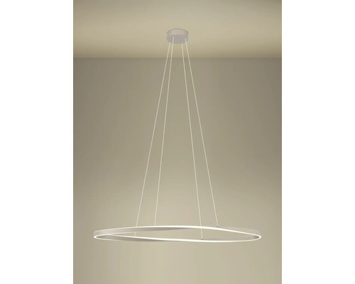 Suspension LED moderne en forme d'anneau au design courbé avec des câbles fins.