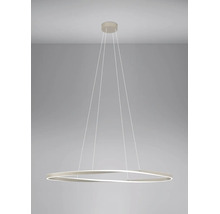 Suspension LED moderne avec un anneau ondulé et de fins câbles de suspension.