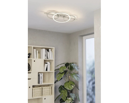 Plafonnier LED moderne à quatre anneaux dans un salon lumineux à côté d'une étagère et d'une plante Monstera.