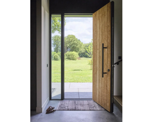 Geöffnete Haustür aus Holz mit schwarzem Stangengriff und Glaselement, Blick auf eine Terrasse und eine grüne Wiese mit Bäumen.
