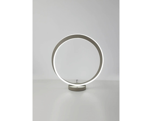 Moderne LED-Tischleuchte in Ringform mit rundem Sockel und integriertem Leuchtmittel.