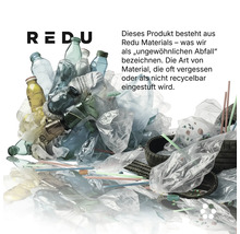 Redu Materials Logo über einem Haufen aus recycelten Kunststoffabfällen und Reifen.