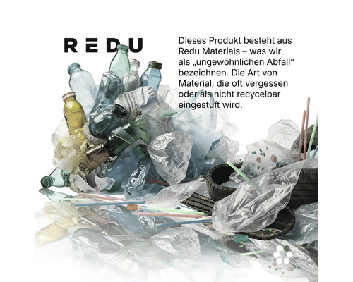Redu Materials Logo über einem Haufen aus recycelten Kunststoffabfällen und Reifen.