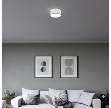 Plafonnier cylindrique moderne dans un salon minimaliste avec canapé et tableaux abstraits sur un mur gris.