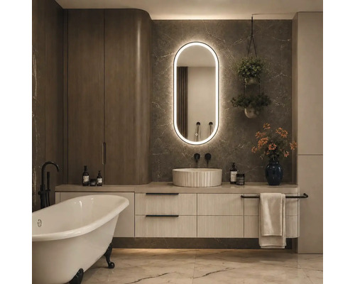Modernes Badezimmer mit freistehender Badewanne, Unterschrank mit Rillenfront, Aufsatzwaschbecken und beleuchtetem Ovalspiegel vor Marmorwänden.