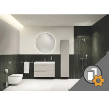 Modernes Badezimmer mit wandhängendem Waschtischunterschrank, rundem beleuchtetem Spiegel, Hochschrank, Hänge-Toilette und begehbarer Dusche.