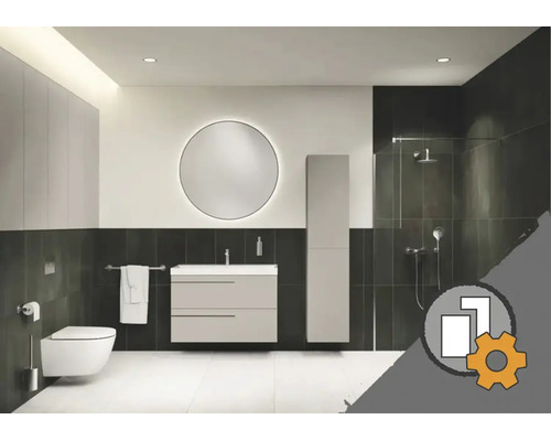 Modernes Badezimmer mit wandhängendem Waschtischunterschrank, rundem beleuchtetem Spiegel, Hochschrank, Hänge-Toilette und begehbarer Dusche.