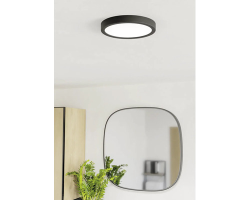 Plafonnier LED rond moderne en noir dans une pièce lumineuse au-dessus d'un miroir et d'une plante.
