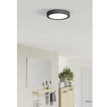 Plafonnier LED rond avec cadre sombre dans une salle de bains moderne et lumineuse avec miroir, plante verte et meuble en bois.