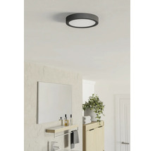 Plafonnier LED rond dans une salle de bains moderne et lumineuse avec miroir, meuble en bois et plante.