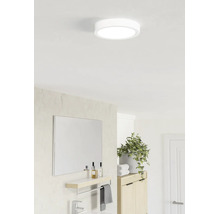 Plafonnier LED rond dans une salle de bain moderne et lumineuse au-dessus d'un miroir avec étagère et d'une plante.