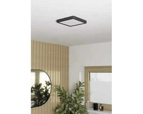 Plafonnier LED carré dans une pièce lumineuse au design moderne avec des panneaux muraux imitation bois, un miroir ovale et une plante d'intérieur.