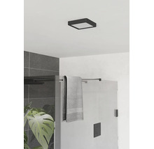 Scène de salle de bains moderne avec plafonnier LED carré noir, douche en verre, carrelage gris et plante verte.