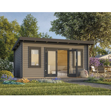 Abri de jardin moderne en bois avec toit en pente, double porte vitrée et fenêtres dans un jardin planté avec coin salon.
