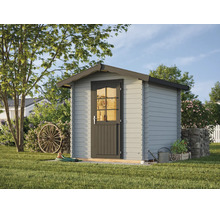 Gartenhaus aus Holz in Grau mit Satteldach und Einzeltür mit Sprossenfenster in einer hellen Gartenumgebung.